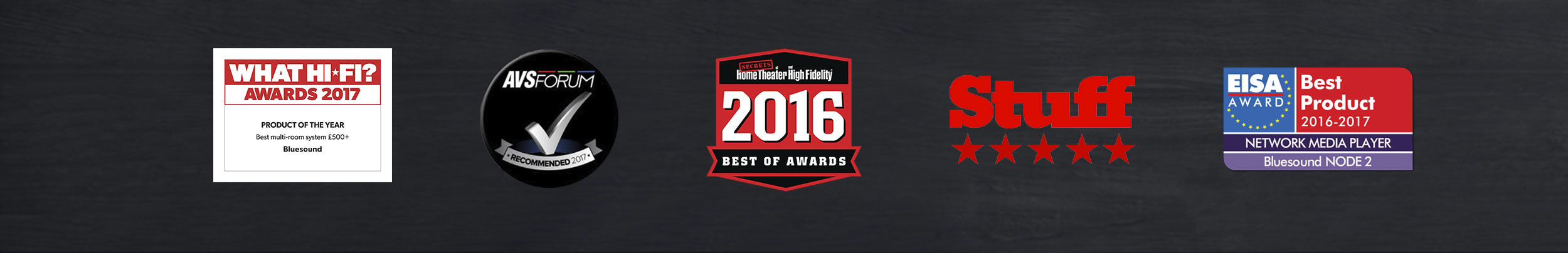 Logos of various awards won by Bluesound